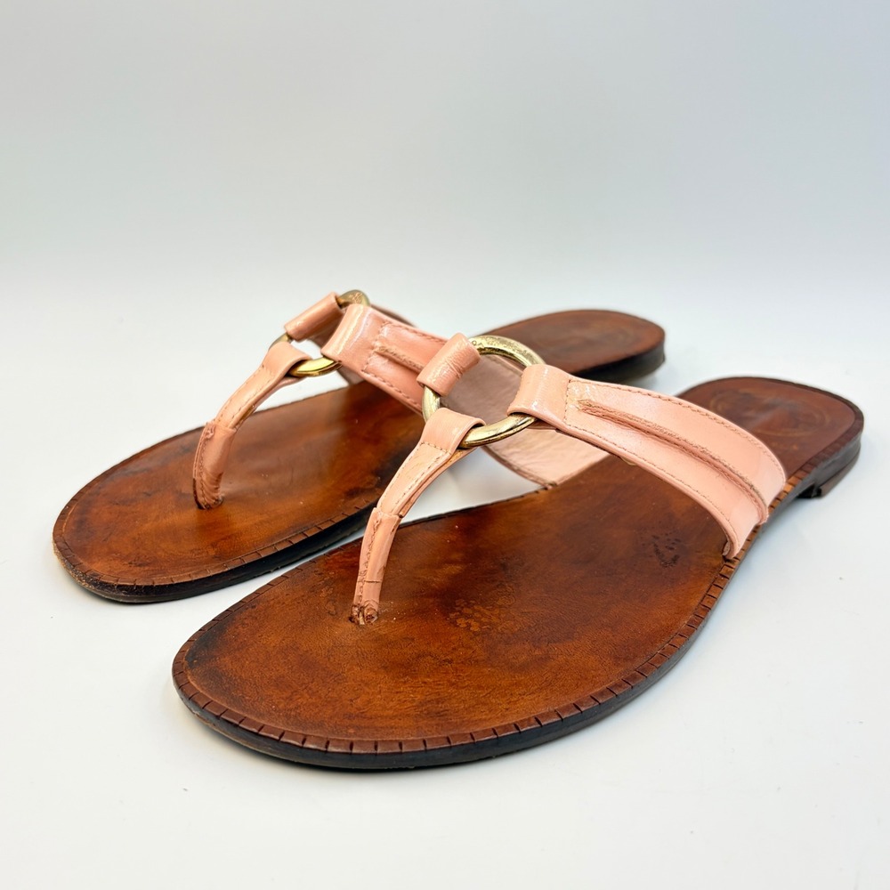 Lilly Pulitzer McKim Peach Pink Leather Gold Ring T-Strap Thong Sandals 6.5M